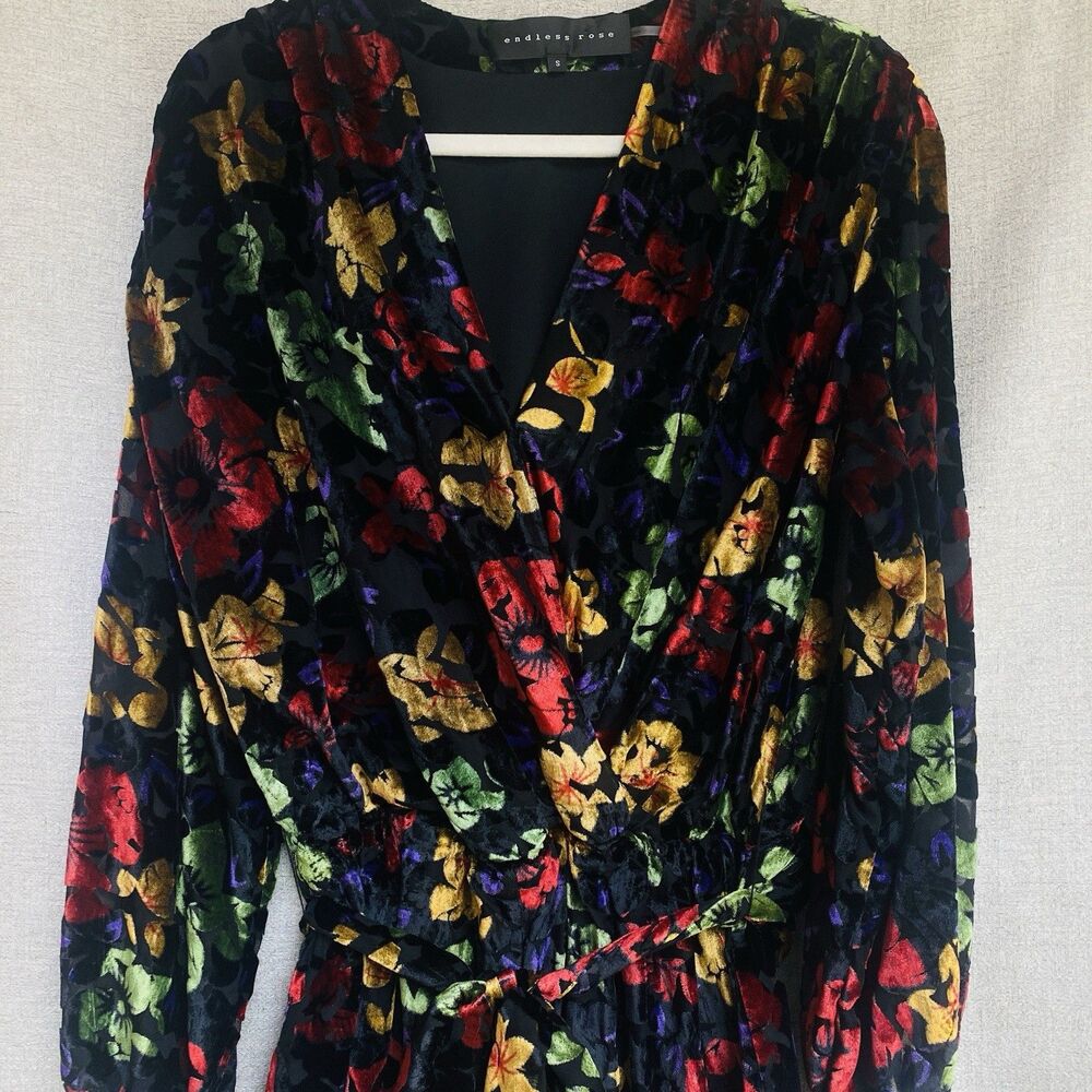 Floral Velvet Burnout Romper Set Small Black Long Sleeve Belted Whimsigoth Short